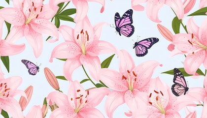 Delicate pink lilies and butterflies create a cheerful, floral pattern.