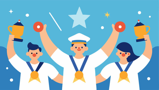 Celebration on the Water A festive illustration of sailors celebrating after a successful day of sailing with ribbons and medals awarded for participation and achievement.