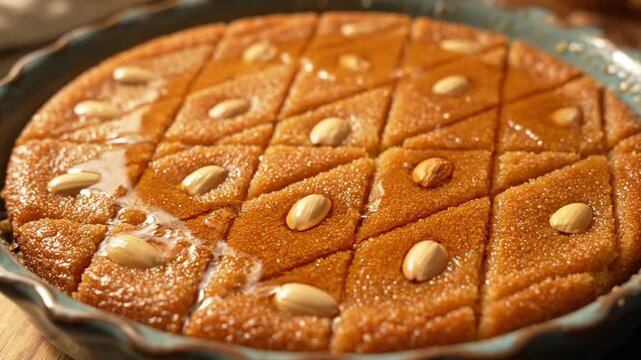 Close up Lebanese nammoura semolina cake soaked syrup cinematic UHD handheld Middle Eastern dessert lifestyle stock video. detail oriental farina sweet drenched nectar filmic ultra