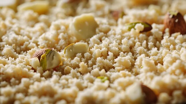 Close up shot of barfi with almonds and pistachios showcasing indian sweet delicacy texture and details