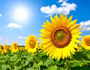 Obraz premium Vibrant sunflower field under a bright sun and blue sky, symbolizing summer, growth, and natural beauty. Focus on a prominent sunflower.