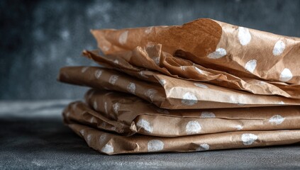 Stack of crumpled brown polka dot parchment paper on dark background.