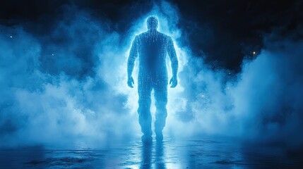 Digital Avatar Emerging From Mist Representing Technology and Future Concepts