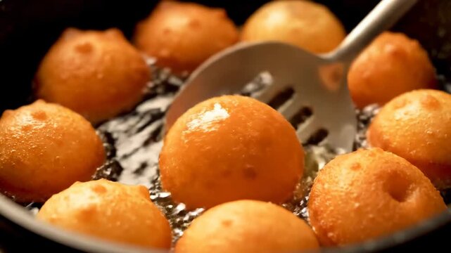 Nigerian puff puff dough balls fried golden hot oil cinematic UHD authentic West African dessert lifestyle stock footage. deep fried dough delicacy ultra high definition genuine