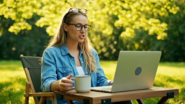 Nomad enjoying coffee while attending webinar outdoors cinematic UHD digital nomad lifestyle stock footage. itinerant savoring java watching seminar alfresco filmic