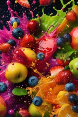 Colorful digital artwork of a close-up fruit explosion with strawberries, blueberries, and apples in a vibrant, multi-colored juice splash against a dark background.