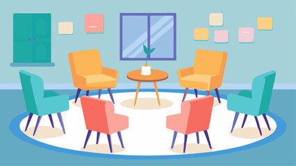 Fototapeta premium A group therapy room with comfortable chairs arranged in a circle and a whiteboard for discussing mental health.