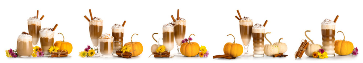 Set of tasty pumpkin latte on white background