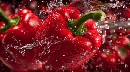 Fresh red bell peppers splashing in water creating vibrant and dynamic culinary scene