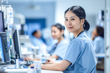 Smiling nurse working in a modern laboratory environment
