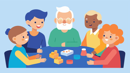 Board Games A group of seniors and young kids sitting at a table playing board games with expressive faces and game pieces in front of them creating a lively atmosphere.