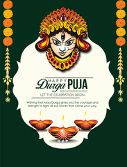 festival dhamaka of Happy Dussehra Navratri background Template Design celebration of festival of durga puja with text in bengali Durga  puja meaning Happy durga puja