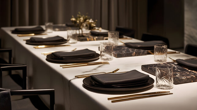 Elegant dining table set with black plates, gold cutlery, and stylish glassware for special occasions