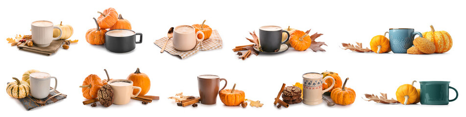 Set of tasty pumpkin coffee on white background