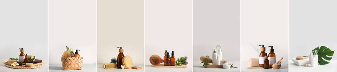 Set of spa supplies on light background