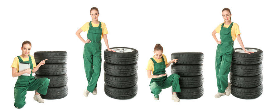 Set of female mechanic with car tires on white background - Powered by Adobe