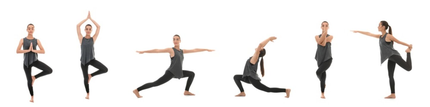 Set of young woman practicing yoga on white background