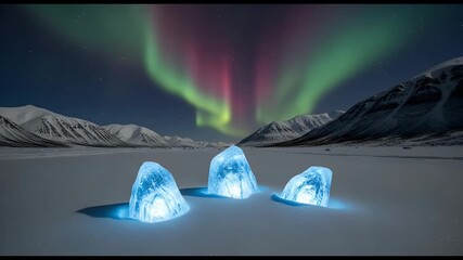 Glowing blue ice chunks on a snowy plain beneath the vibrant northern lights illuminating a winter night - Powered by Adobe