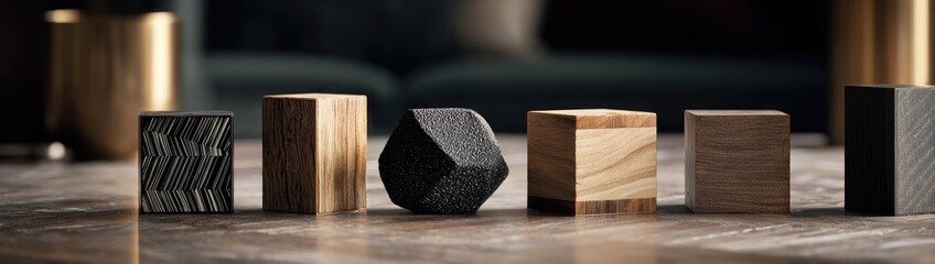 Collection of geometric shapes and objects made of wood and dark materials.