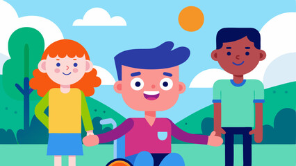 Animated Series A vibrant scene from an animated show where a character with a disability such as cerebral palsy is depicted adventuring alongside friends showcasing inclusivity.