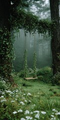 Enchanted forest swing hanging in misty woods with wildflowers.