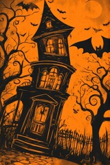 Spooky haunted house with twisted trees and bats against an orange background