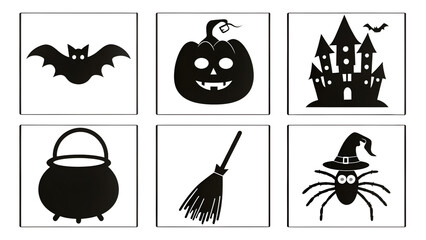 Collection of halloween icons featuring a bat haunted house pumpkin spider cauldron ghost witch hat broomstick eyeball tombstone skull and coffin isolated on white background silhouette