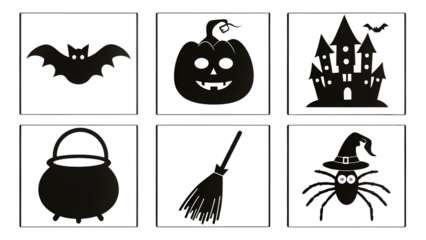 Collection of halloween icons featuring a bat haunted house pumpkin spider cauldron ghost witch hat broomstick eyeball tombstone skull and coffin isolated on white background silhouette