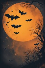 Fototapeta premium Bats flying across a full orange moon with silhouetted tree branches