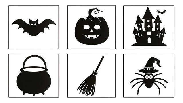 Collection of halloween icons featuring a bat haunted house pumpkin spider cauldron ghost witch hat broomstick eyeball tombstone skull and coffin isolated on white background silhouette - Powered by Adobe