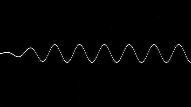 White sine wave oscillating on a black grid background Keywords: abstract, line, wave, sine wave, oscillation, vibration, pattern, design, graphic, simple, minimalist, black and white, contrast