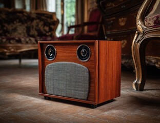 Elegant Vintage Wooden Speaker System in Luxurious Interior Setting.