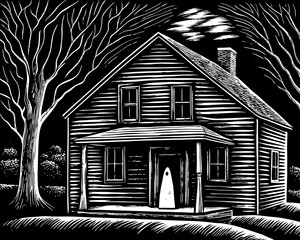 Minimalist Haunted House with Cute Ghost in Doorway – Black and White Vintage Illustration
