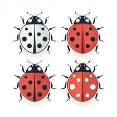Four ladybugs isolated on white background with different wing patterns and colors