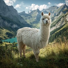 Majestic white llama standing in a serene alpine mountain landscape with a lake.