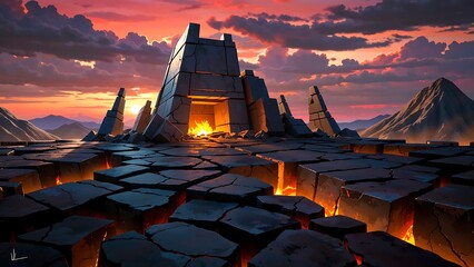 Fiery Ruins of an Ancient Temple at Dusk