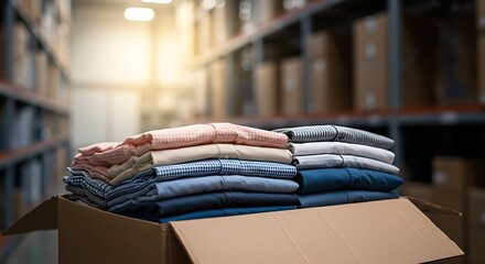 Neatly Stacked Shirts in Warehouse: A Calm Industrial Still Life
