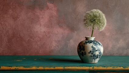 Delicate Fluffy Seed Head in Vintage Ceramic Vase Still Life.
