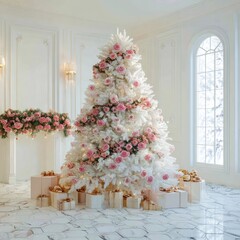 Elegant White Christmas Tree Adorned with Pink Flowers and Gifts in Luxurious Interior.