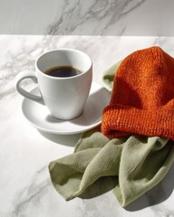 Cozy morning coffee with warm knit hat and scarf on marble surface.