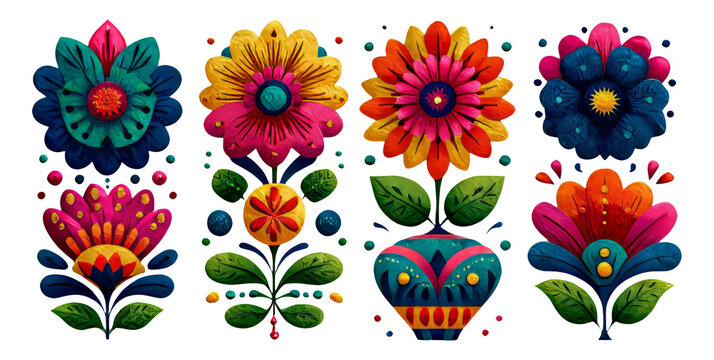 Fototapeta Vibrant Floral Elements with Intricate Designs and Rich Colors on Isolated Background