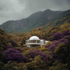 Modern Architectural Dome Building Amidst Lush Mountain Landscape.