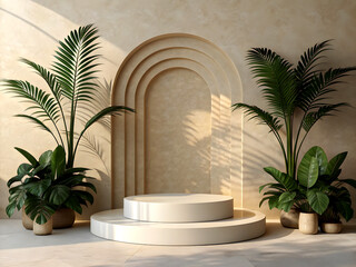 A minimalistic podium scene with a smooth circular base and a smaller elevated platform in the center