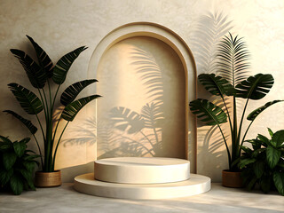 A minimalistic podium scene with a smooth circular base and a smaller elevated platform in the center