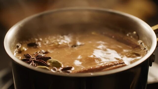 Close up Indian masala chai spices boiling metal pot cinematic UHD handheld South Asian tea lifestyle stock video. aromatic beverage preparation asia spiced infusion simmer metallic