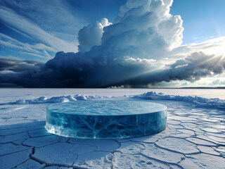 A surreal icy landscape featuring a large circular podium made entirely of transparent blue ice, placed at the center