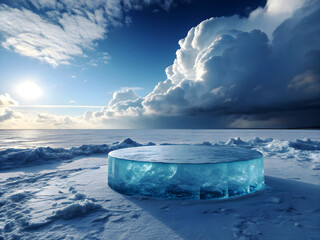 A surreal icy landscape featuring a large circular podium made entirely of transparent blue ice, placed at the center