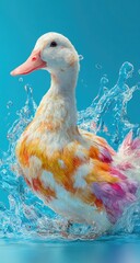 Vibrant Duck With Colorful Feathers Splashing In Bright Blue Water.