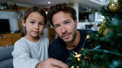 Fototapeta premium Capturing a sweet interaction between a father and daughter as they share the joy of decorating a Christmas tree, symbolizing love and cherished family moments.