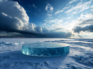 A surreal icy landscape featuring a large circular podium made entirely of transparent blue ice, placed at the center